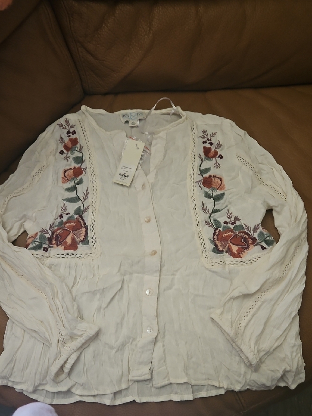 Embroidered White Button-Front Women's Peplum Blouse